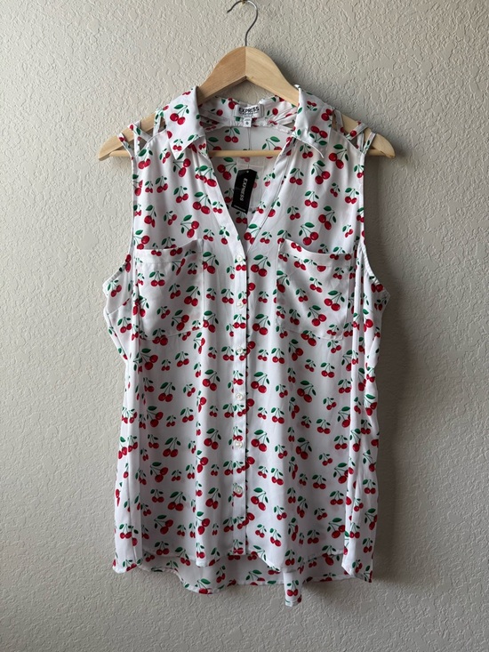 Express Tops - Express White Cherry-Print Sleeveless Button-Down Blouse